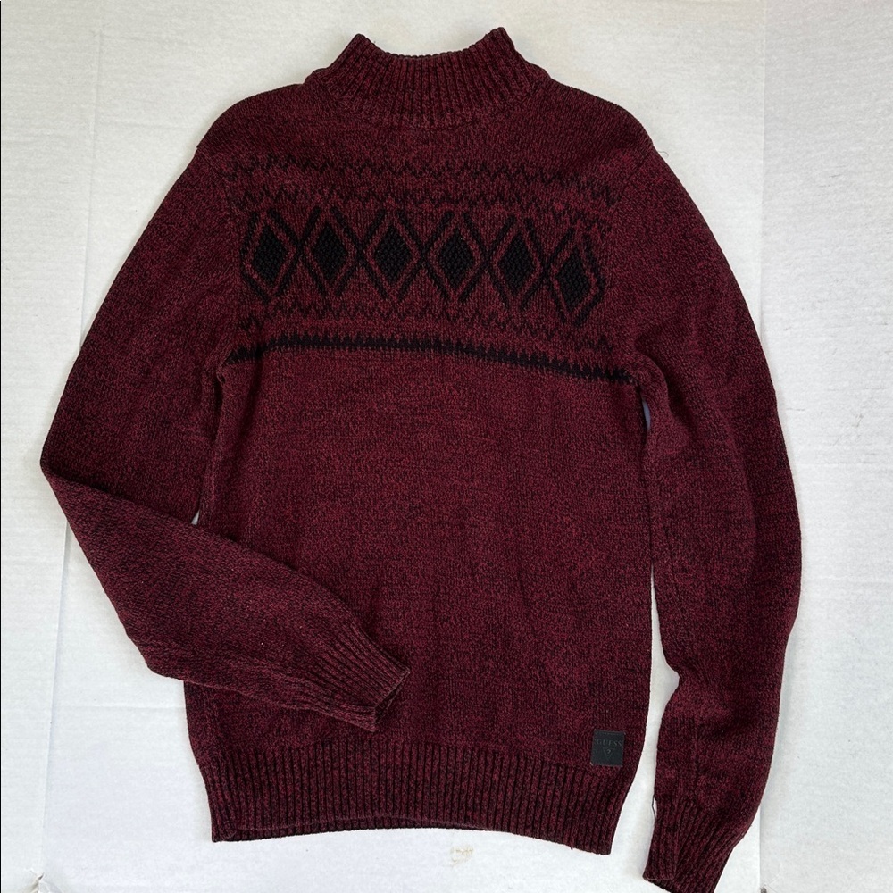Guess Burgundy and Black Men's Cardigan Sweater SZ S